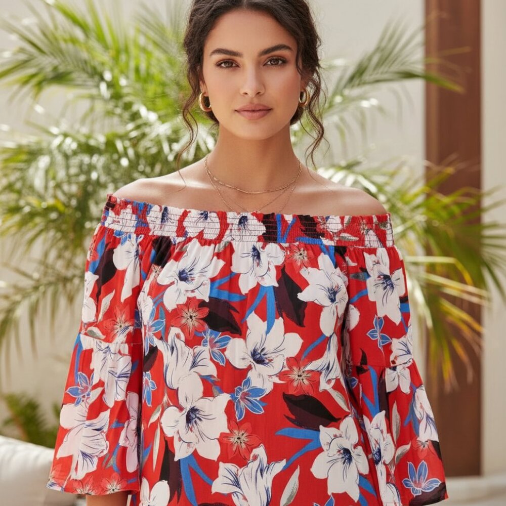 NEW JLO Red Floral XS Off Shoulder Peasant Top Boho Tropical Bloom Tiki Coastal